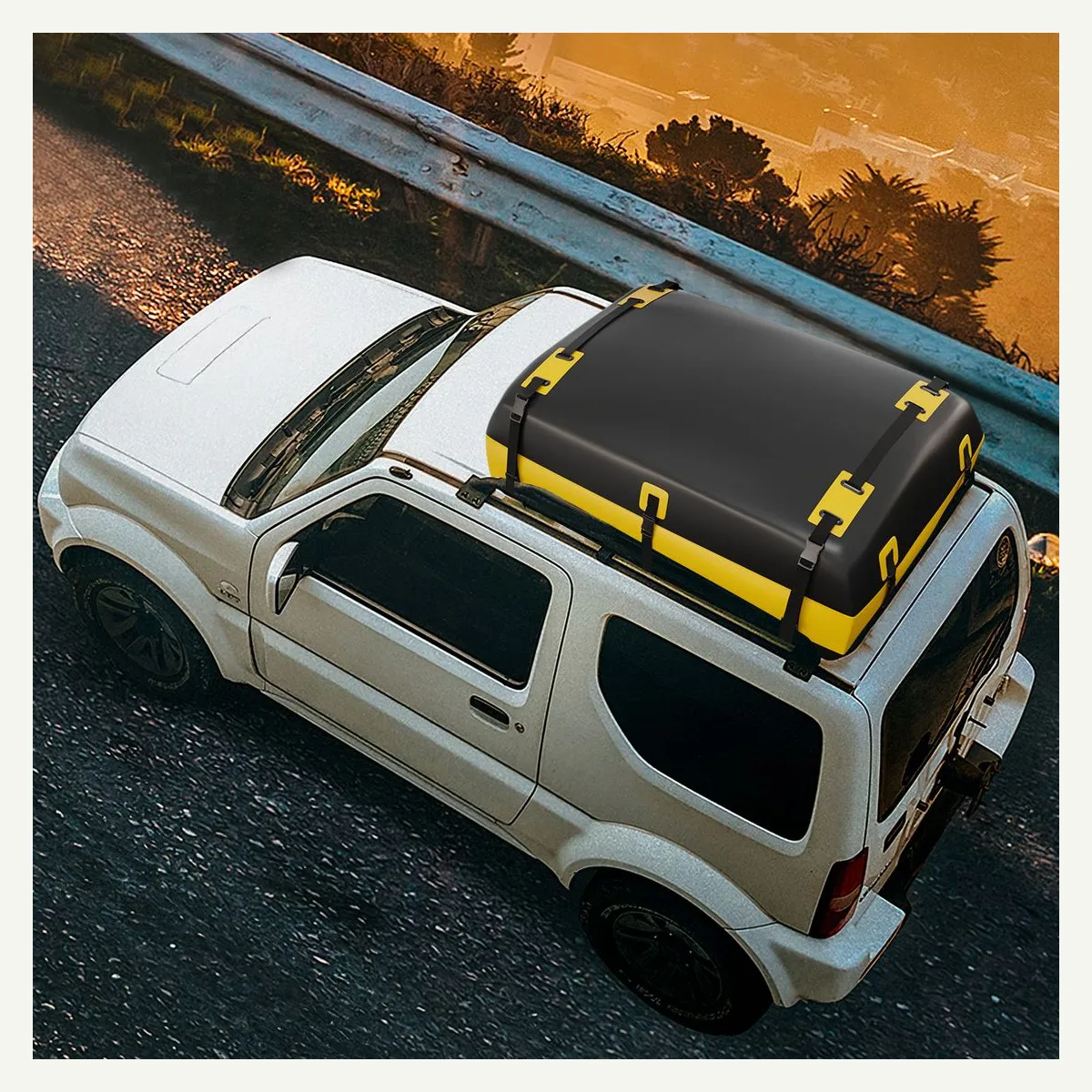 Black and Yellow Roof Cargo Bag — vehicle setting