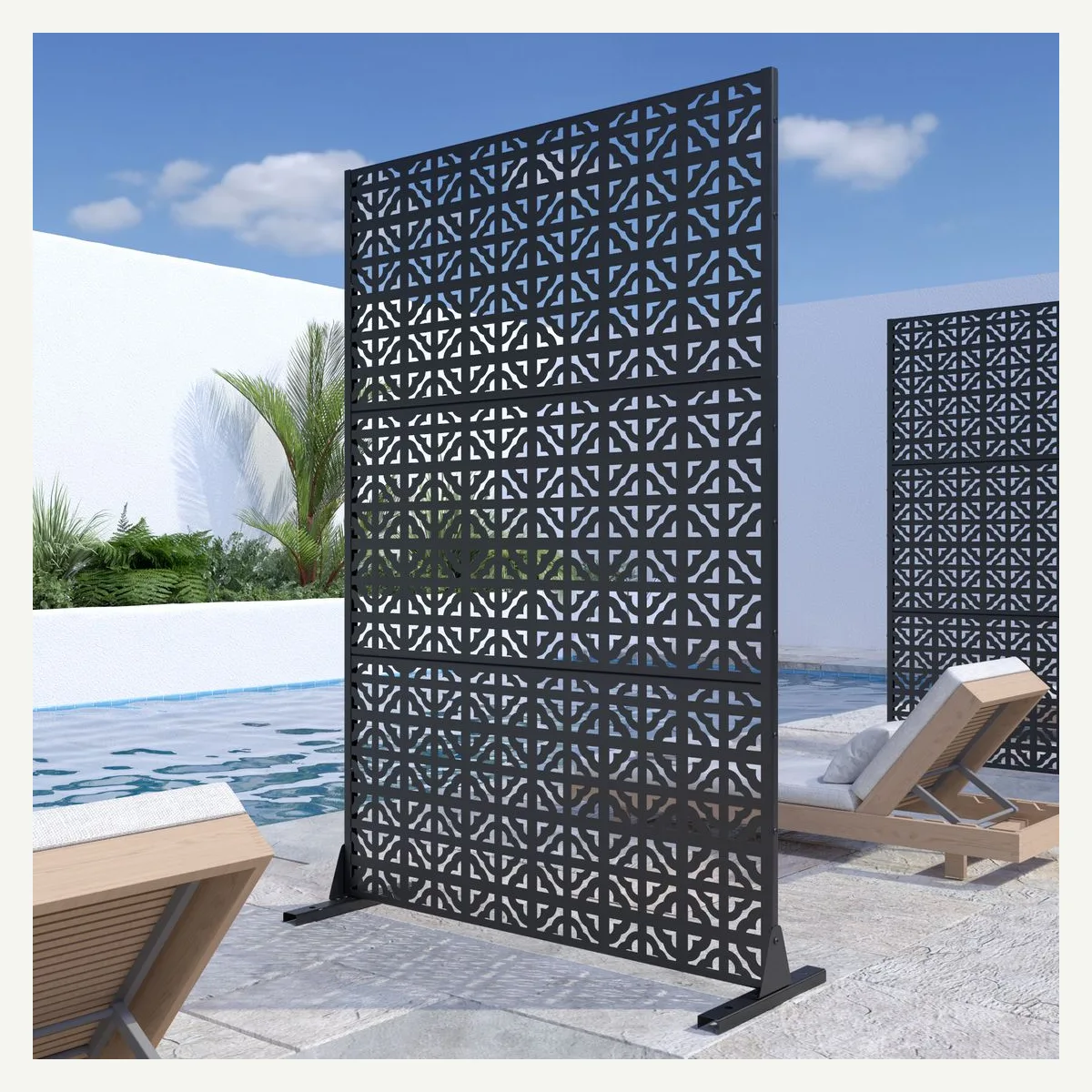 Geometric Star-Cutout Screen — poolside setting
