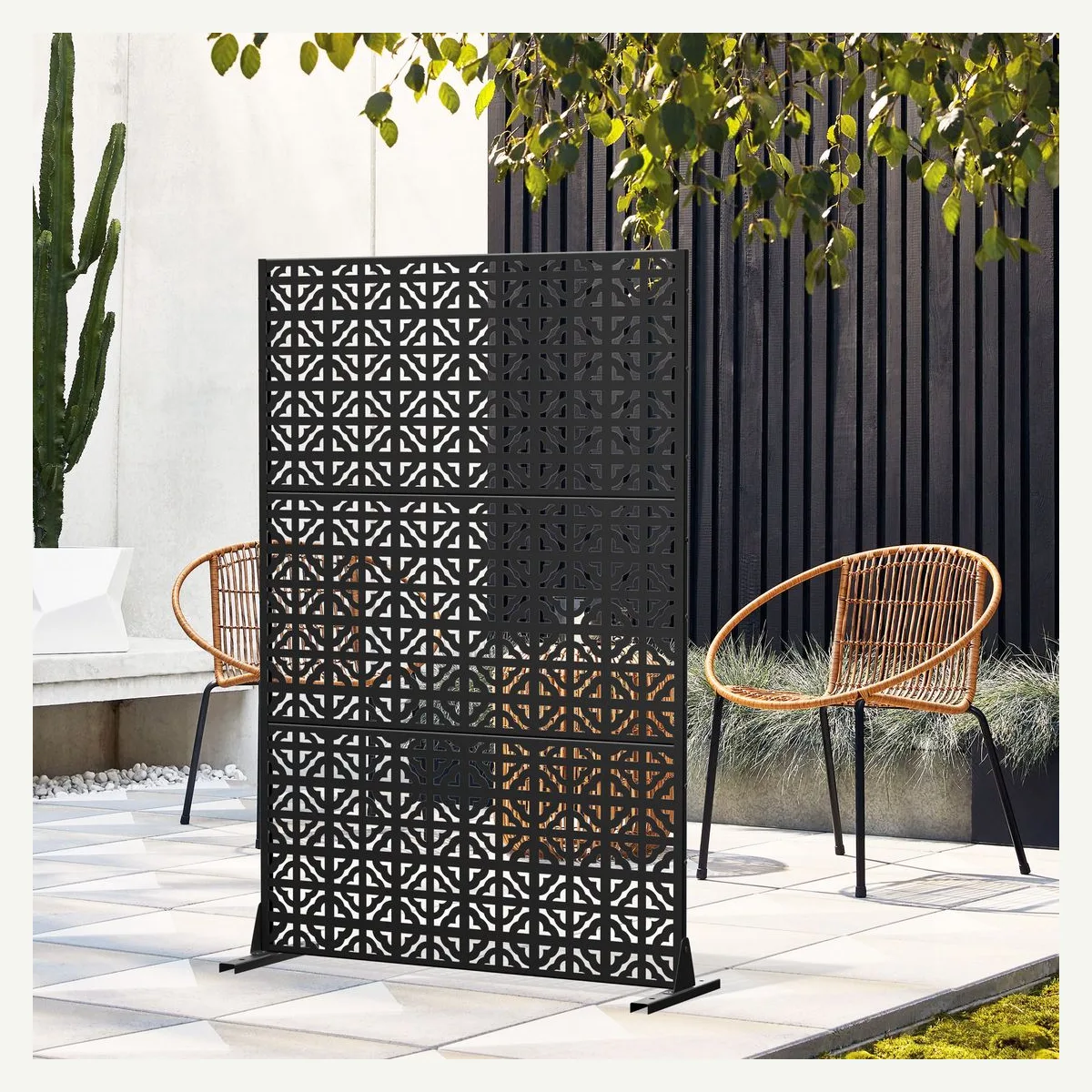 Geometric Star-Cutout Screen — garden setting