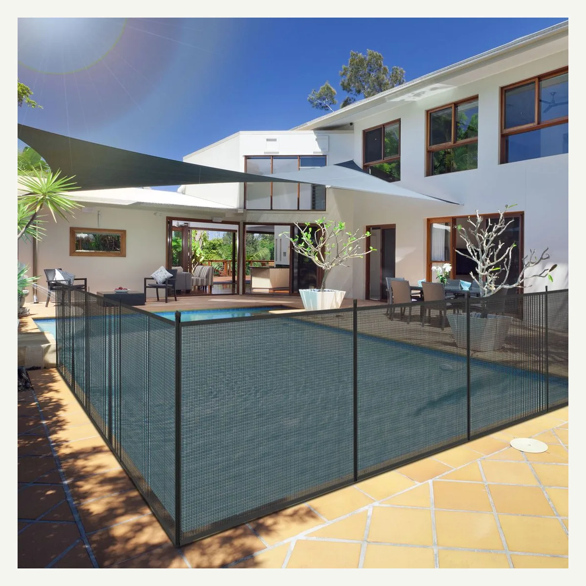 Black Poolside Mesh Fence — poolside setting