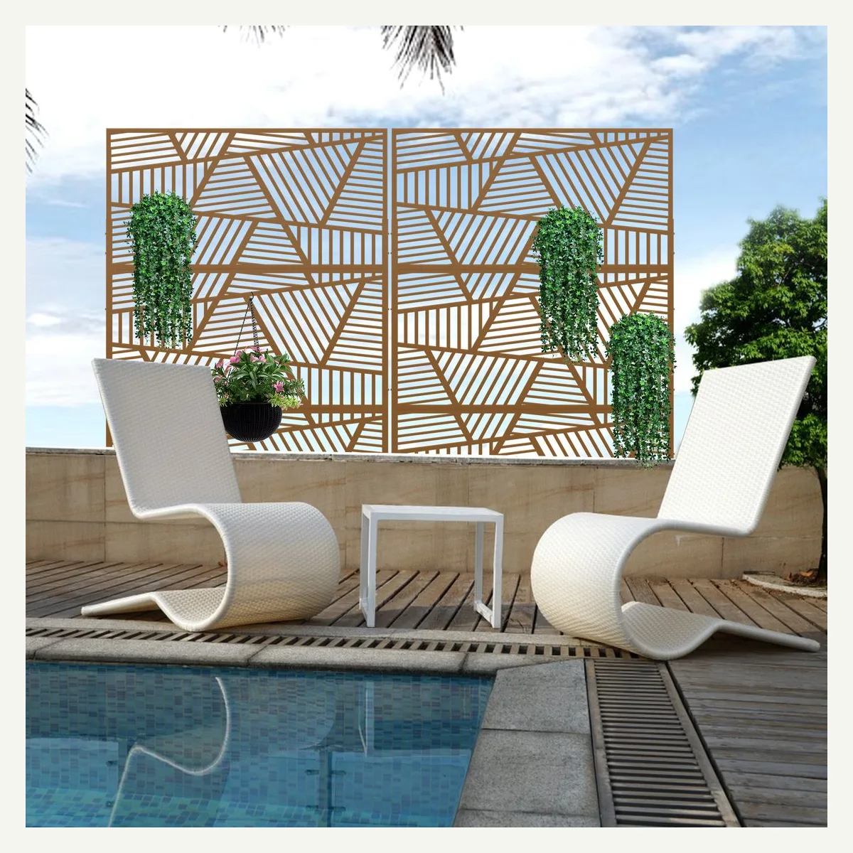 Geometric Outdoor Screen — wide-panel setting