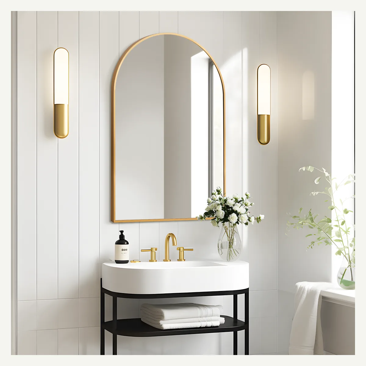 Gold-Tone Arched Wall Mirror — bathroom setting