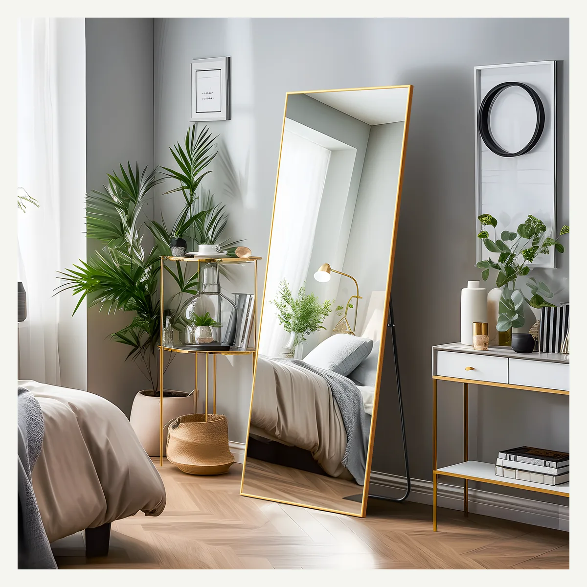 Gold-Tone Slim-Frame Full-Length Mirror — vertical floor setting
