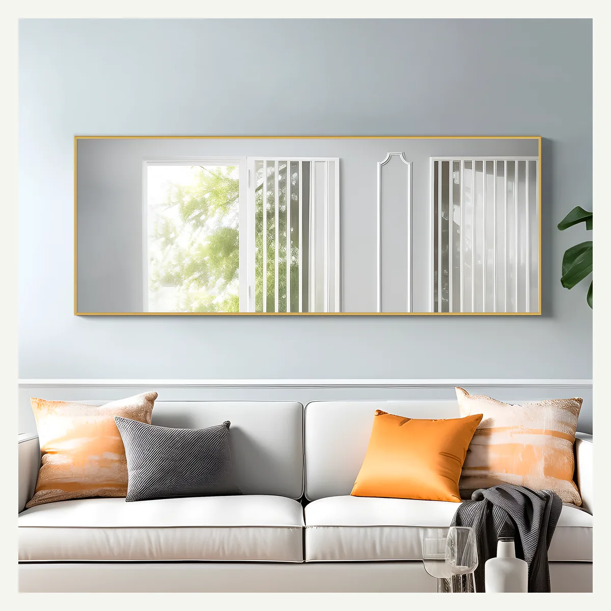 Gold-Tone Slim-Frame Full-Length Mirror — horizontal wall setting