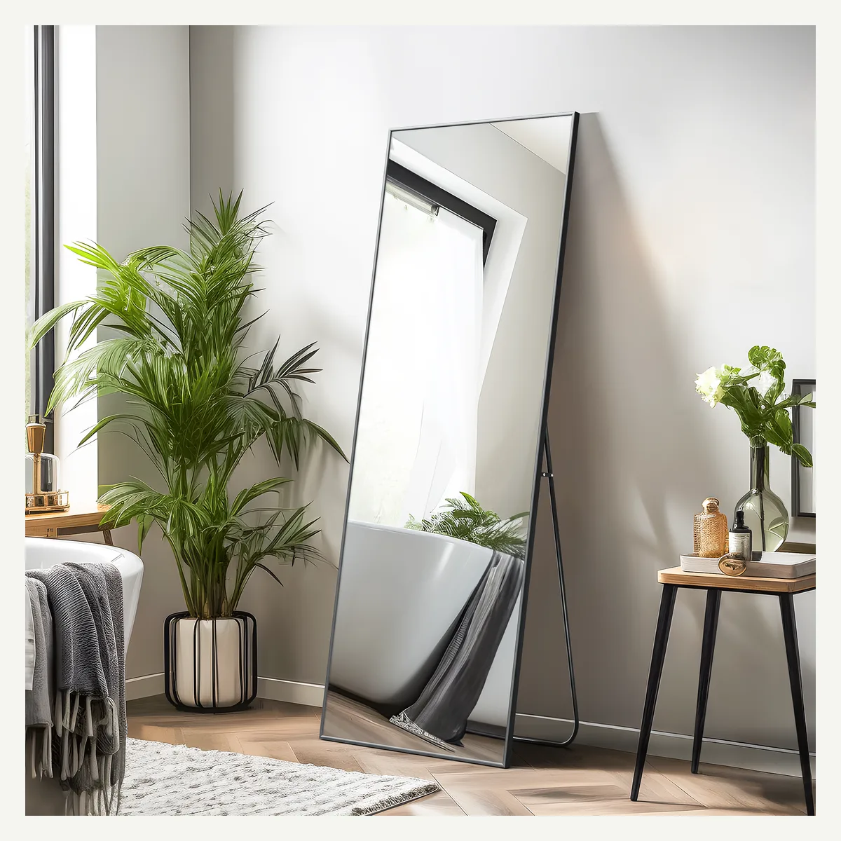 Black Slim-Frame Full-Length Mirror — vertical floor setting