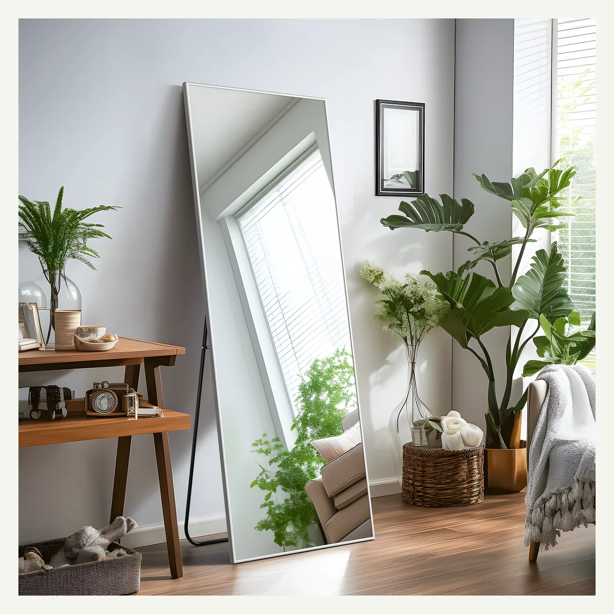 Silver-Tone Slim-Frame Full-Length Mirror — vertical floor setting