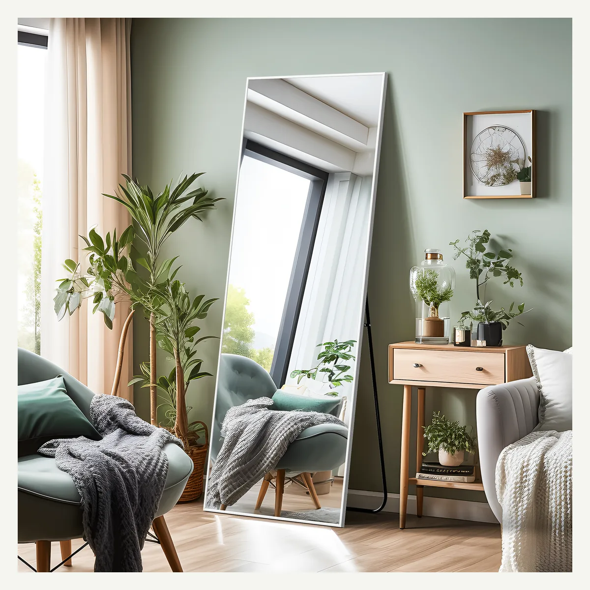 Light-Tone Slim-Frame Full-Length Mirror — vertical floor setting