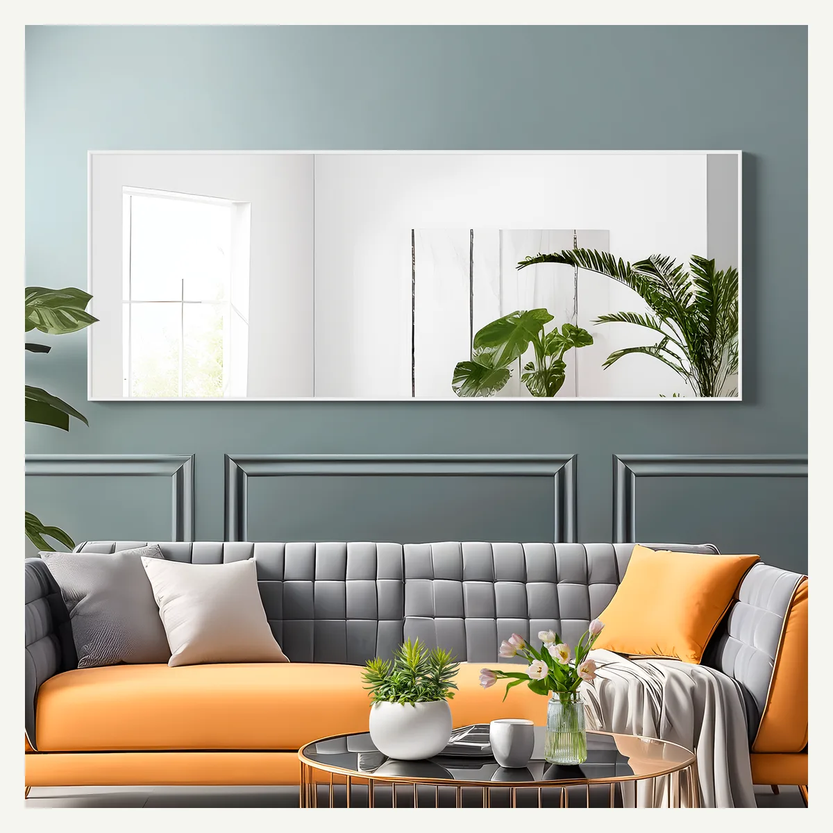 Light-Tone Slim-Frame Full-Length Mirror — horizontal wall setting