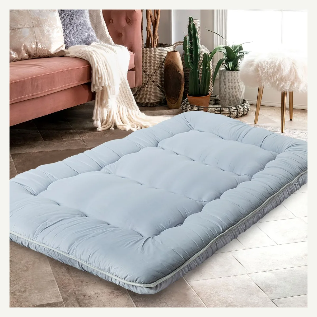 Light-Tone Quilted Floor Mattress — room setting