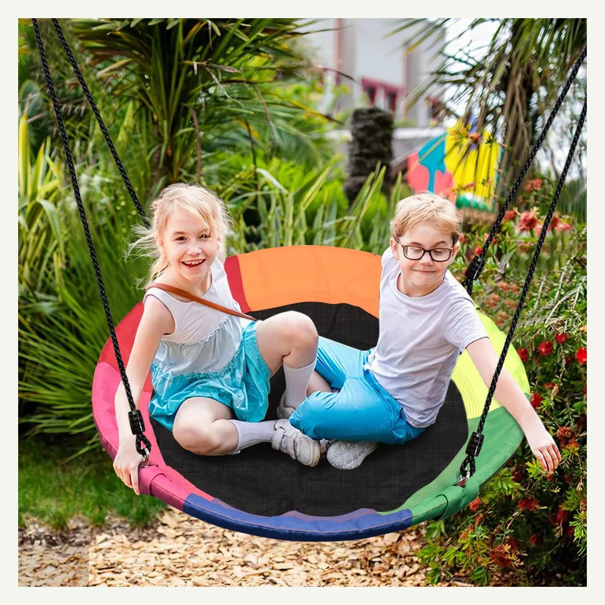 Multicolour Round Tree Swing — garden setting