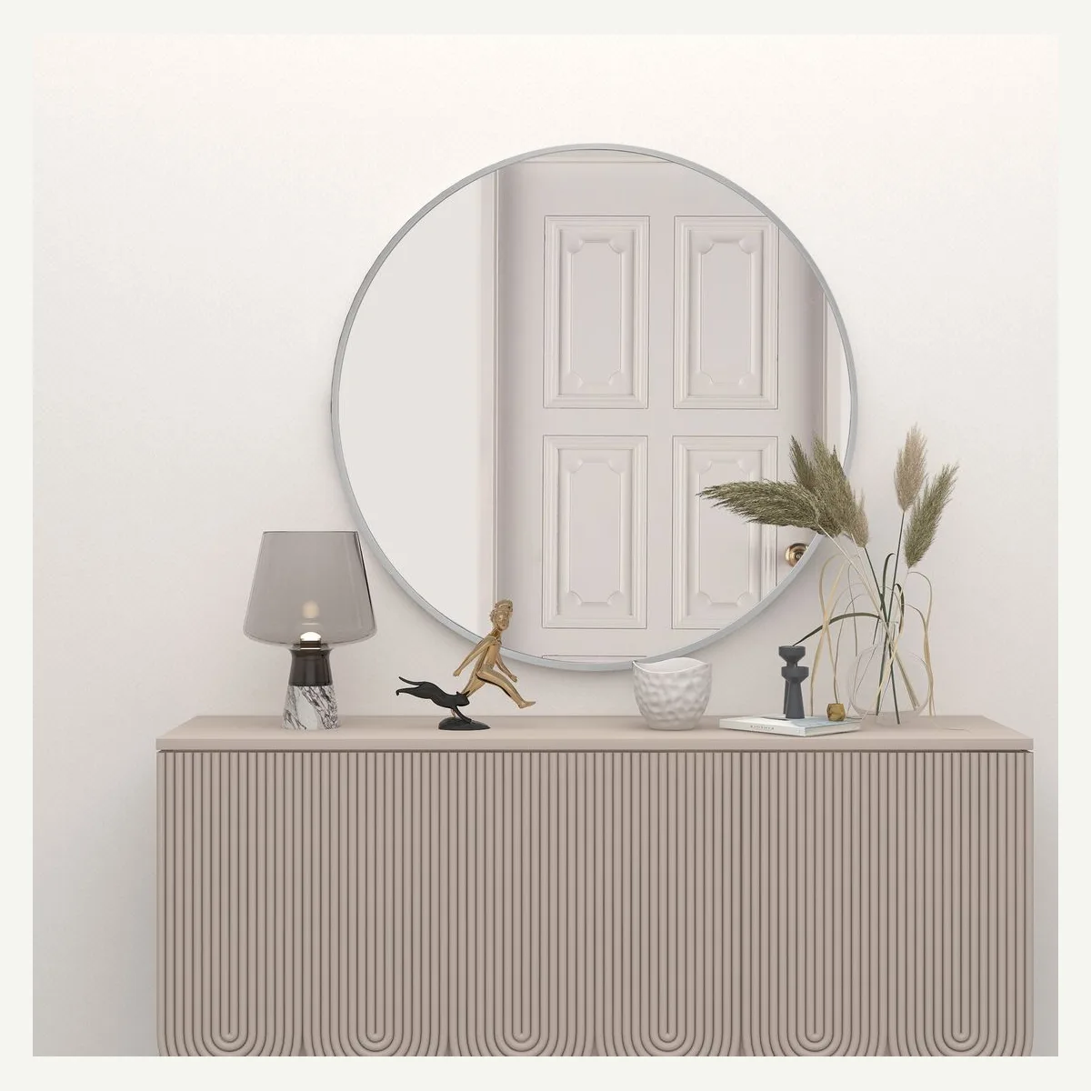 Silver-Tone Round Wall Mirror — interior setting