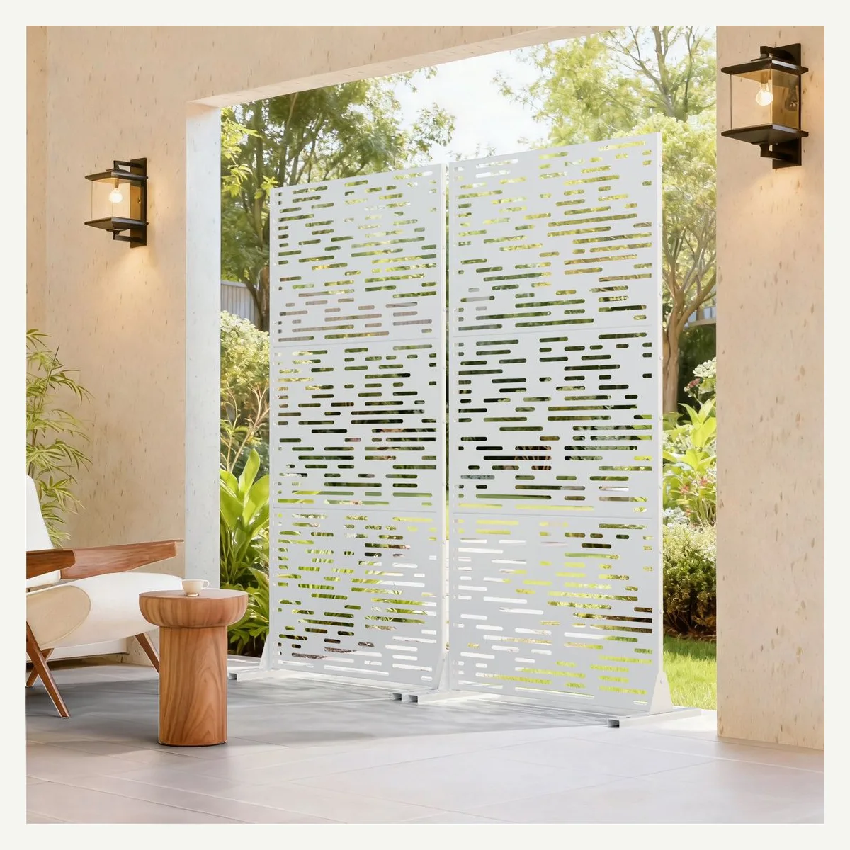 Linear-Cutout Outdoor Screen — garden setting